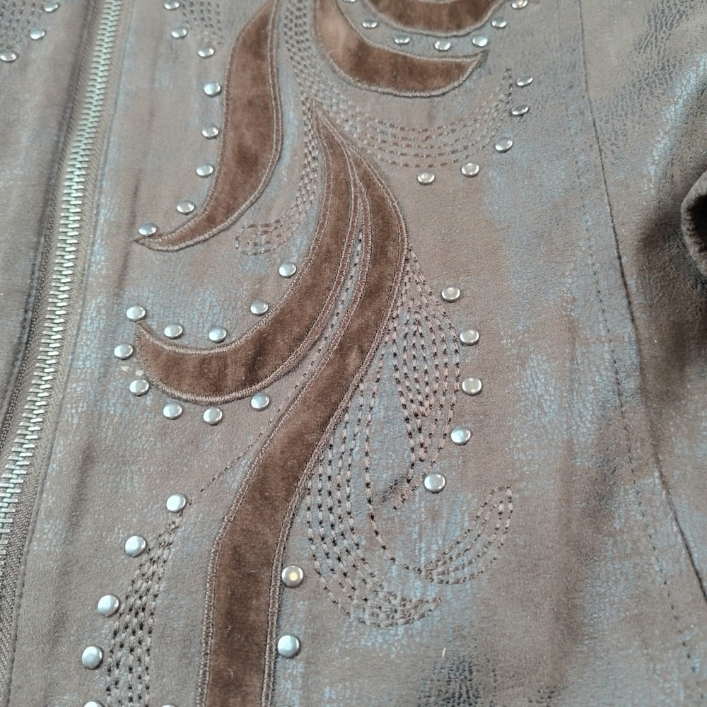 Reba Women's Faux Vegan Leather Jacket Sz L Studded Brown Western Zipper - Picture 6 of 16